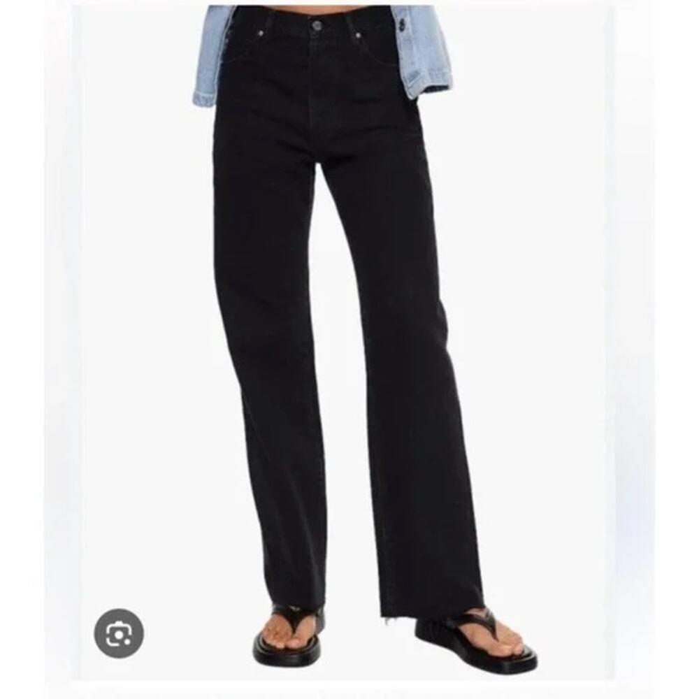 MNG Denim Nora Jeans Women’s Size 14 Black Wide Leg High Rise EUC Raw Hem